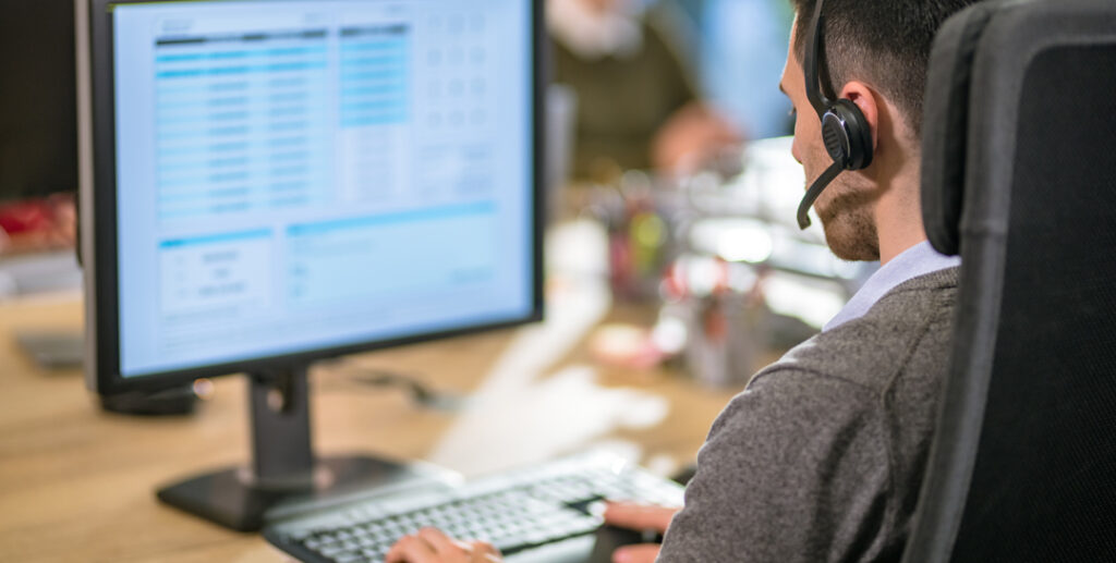 Call center worker using a computer